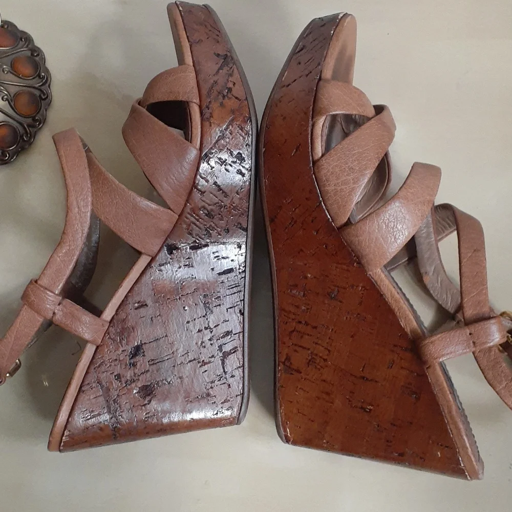 Miu Miu Leather Platform Sandals Shoes Heels Wedge Tan 41